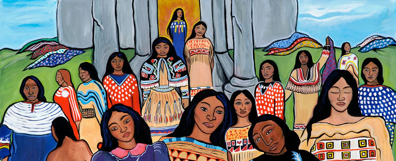 Painting of many Indigenous women wearing colourful dresses outside